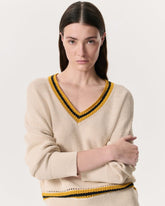 Meghan Striped Crochet-Trim V-Neck Sweater - Ivory