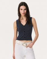 Knit Striped Button Tank Top - Navy Multi