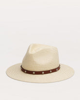 Cabochon-Studded Packable Straw Fedora - Natural
