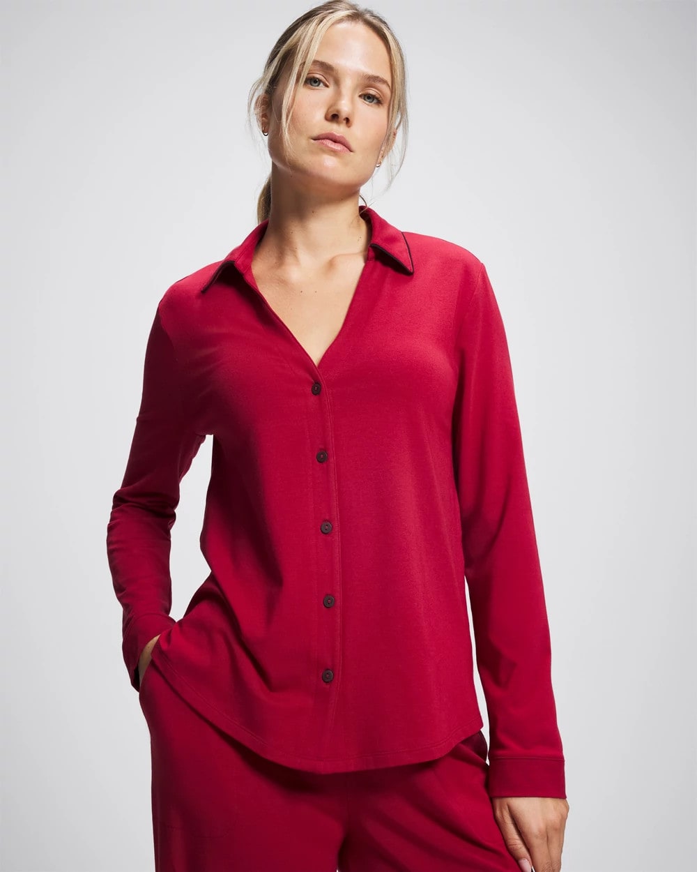 Long-Sleeve Notch Collar Pajama Top - Soma