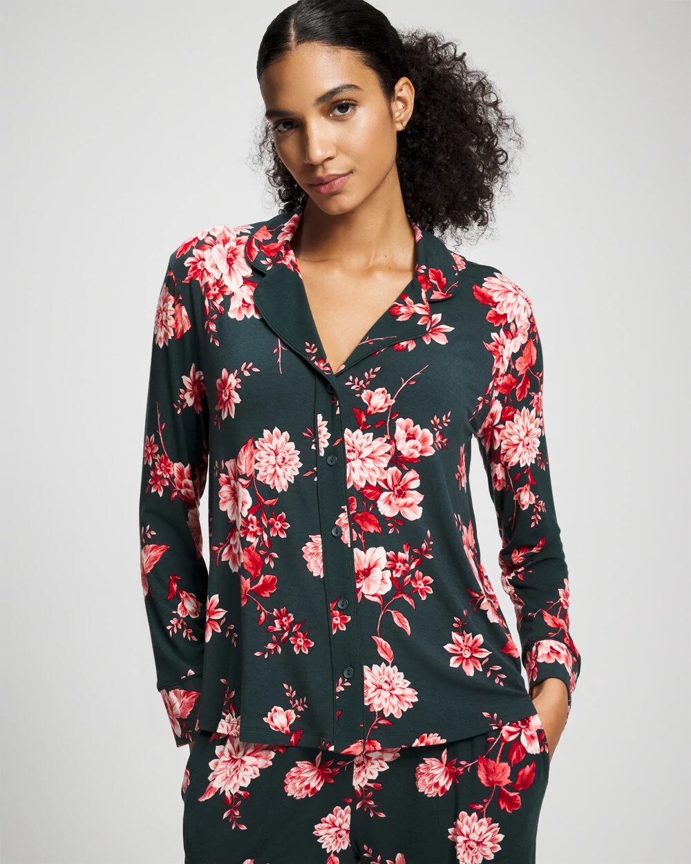 Cool Nights Long Sleeve Notch Collar with Piped Placket Pajama Top - Soma