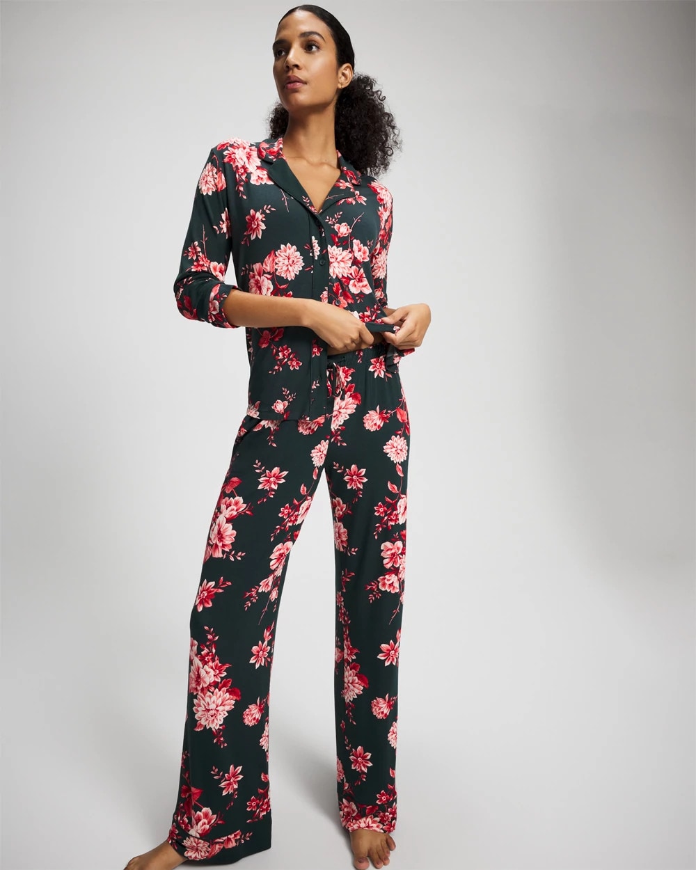 Cool Nights Long Sleeve Notch Collar with Piped Placket Pajama Top - Soma