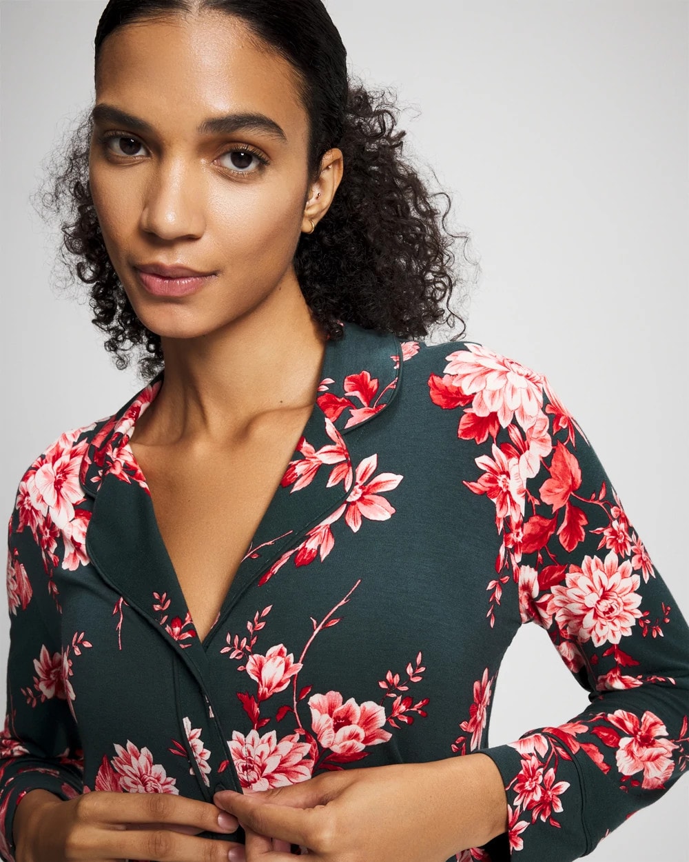 Cool Nights Long Sleeve Notch Collar with Piped Placket Pajama Top - Soma