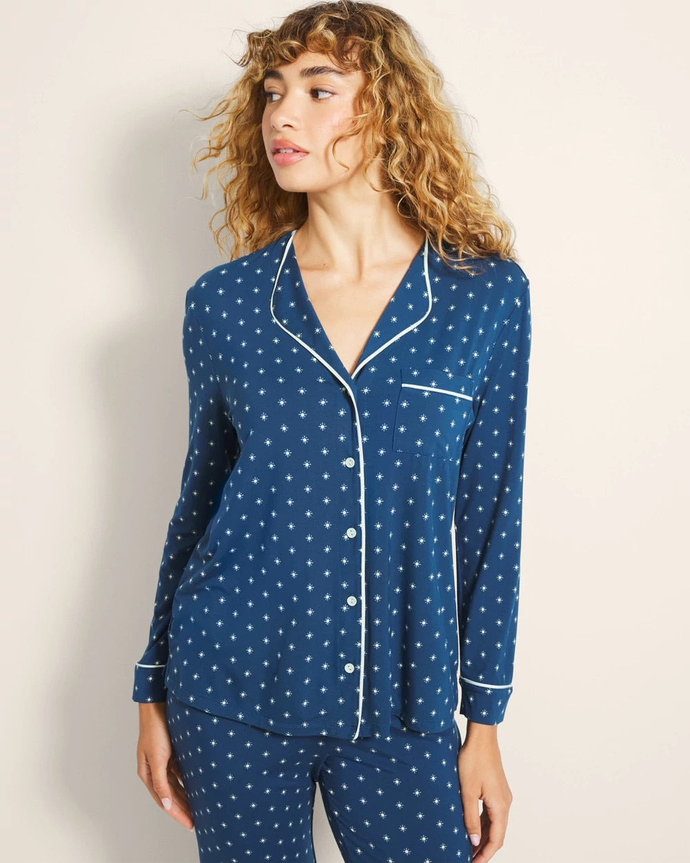 Piped Long-Sleeve Notch Pajama Top - Soma
