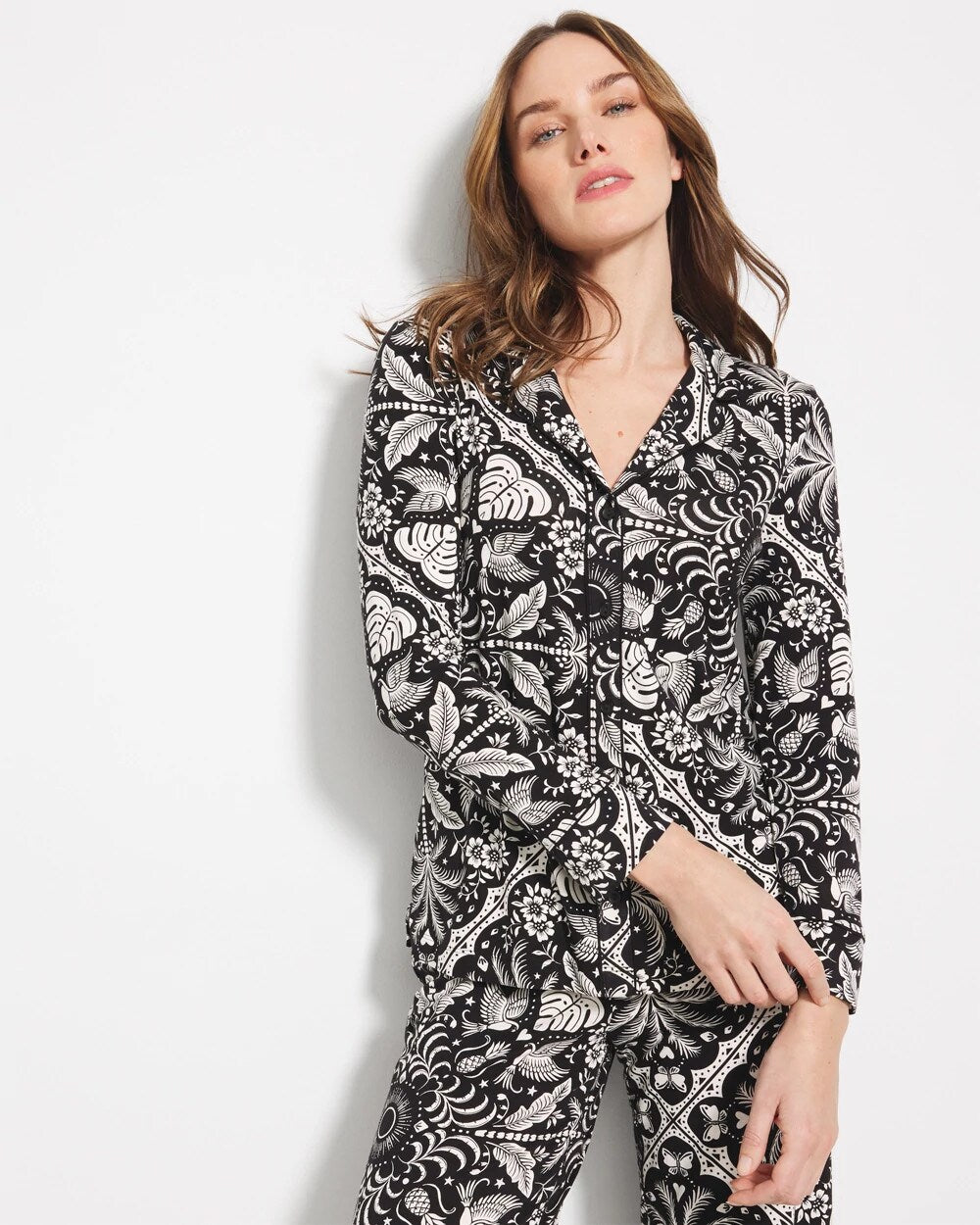 Long-Sleeve Printed Notch Collar Pajama Top - Soma