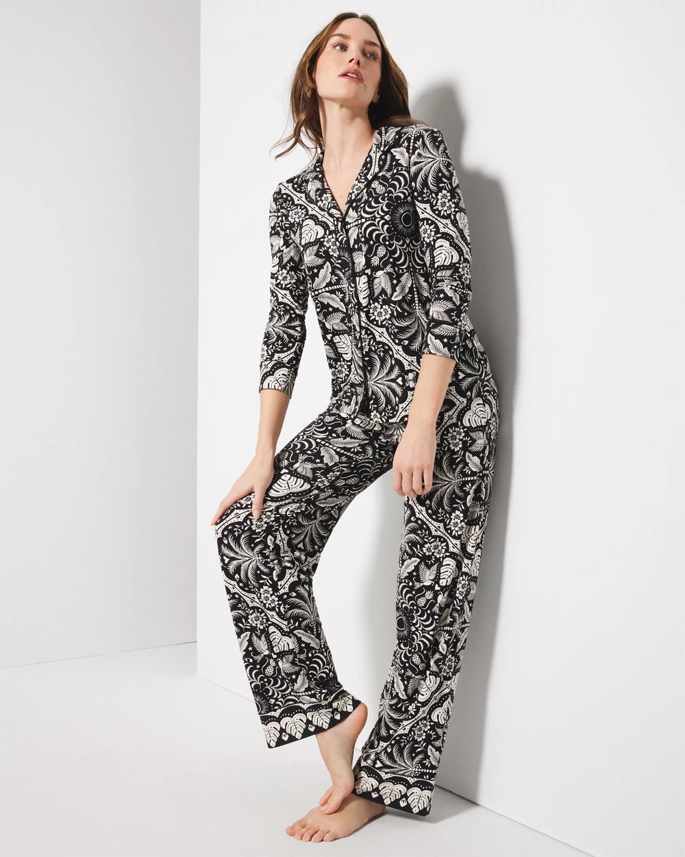 Long-Sleeve Printed Notch Collar Pajama Top - Soma
