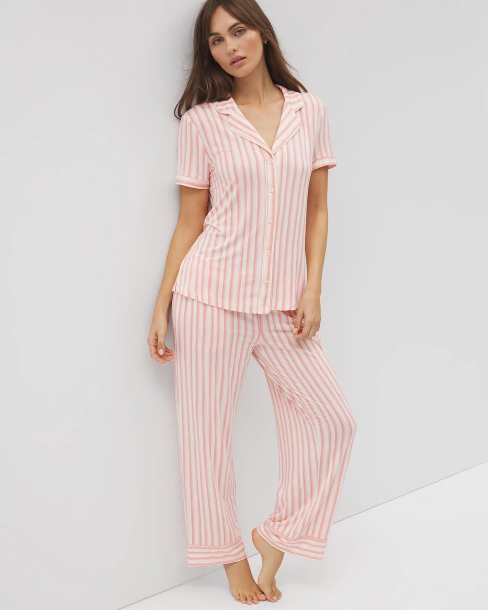 Piped Short Sleeve Notch Collar Pajama Top - Soma