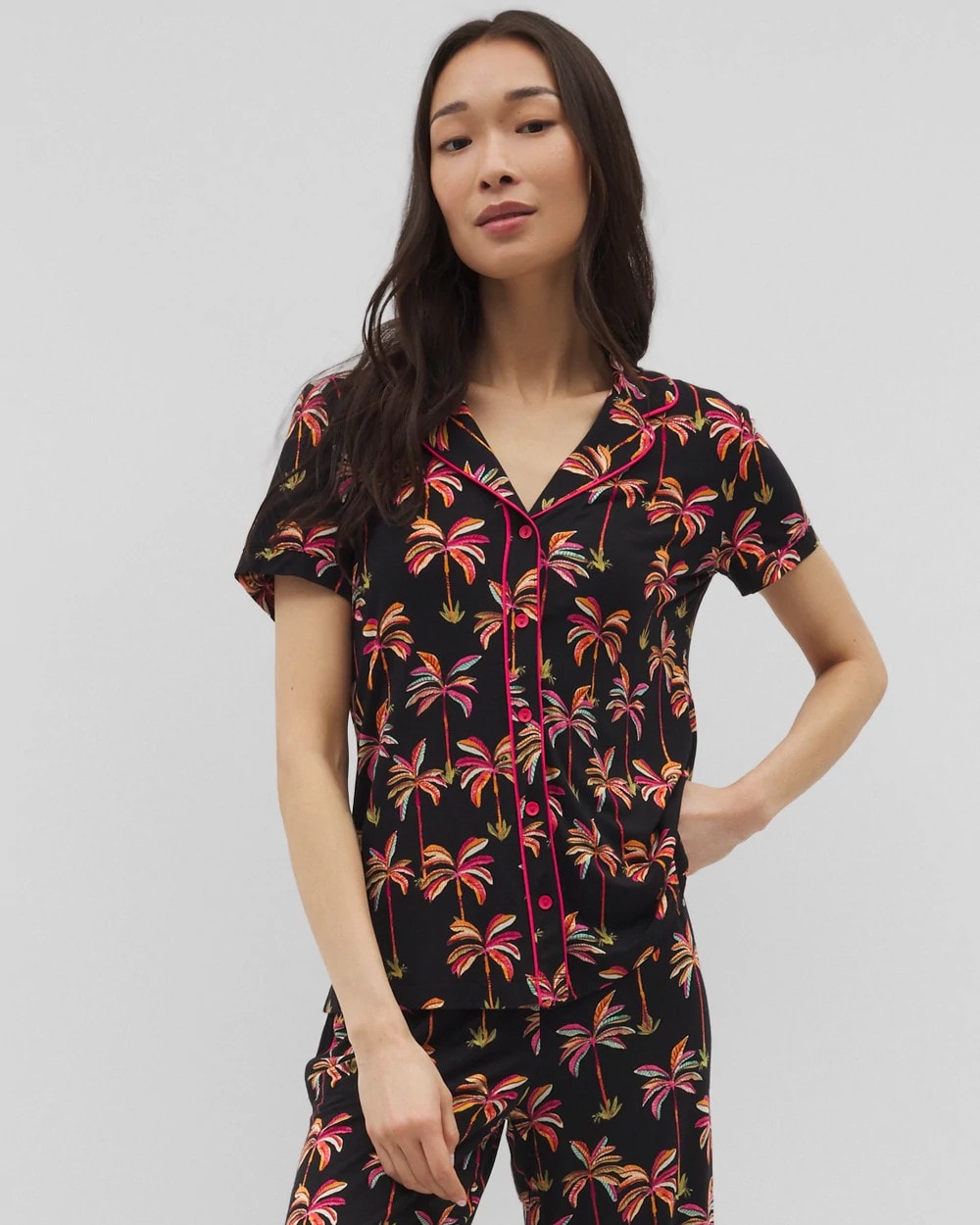 Piped Short Sleeve Notch Collar Pajama Top - Soma