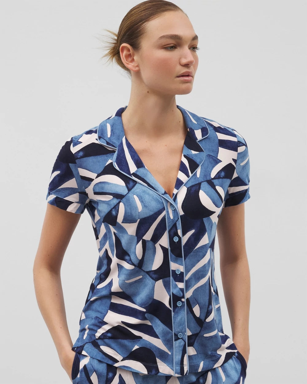 Piped Short Sleeve Notch Collar Pajama Top - Soma