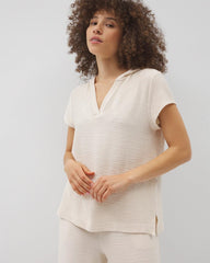 Crinkle Knit Short Sleeve V-Neck Hoodie - Soma