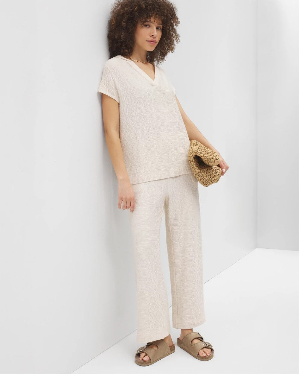 Crinkle Knit Short Sleeve V-Neck Hoodie - Soma