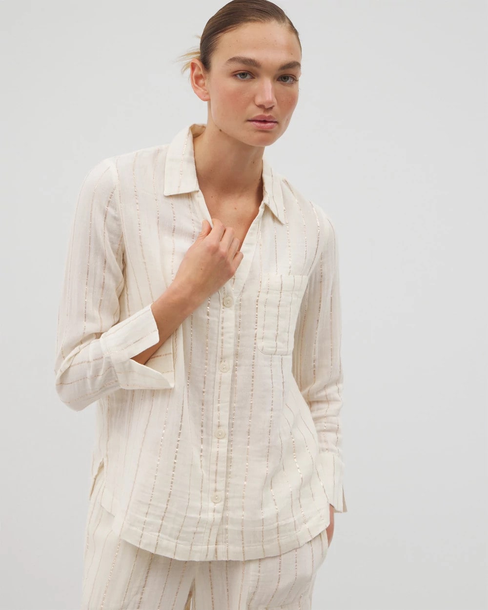 Cotton Gauze Long Sleeve Notch Collar Pajama Top - Soma